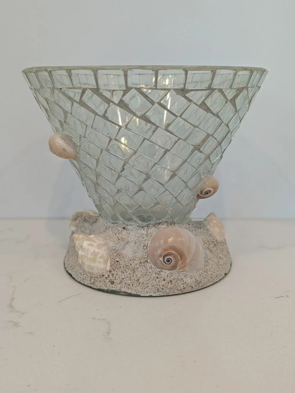 Mosaic Glass Votive Candle Holder Seashell Beach Coastal Decor 5.25